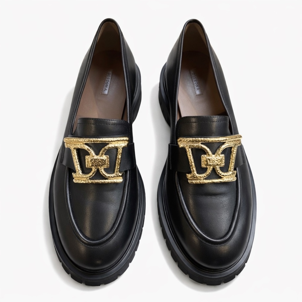 Dissona NWOB Black Leather Lug Sole Loafers Gold Buckle Size EU 40